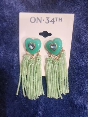 ON·34TH Mint Green Heart Tassel Drop Earrings with Blue Crystal